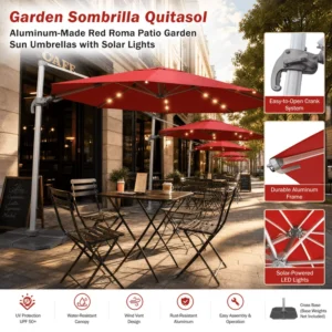 Outdoor Aluminum Red Roma Patio Sun Umbrella Base with Solar Lights for Warehouse and Supermarket Use