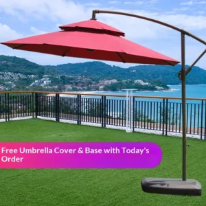 Outdoor Banana-Shaped Patio Beach Umbrella with Base, Satin Vinyl Alloy Sun Protection