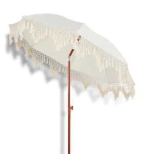 Outdoor Beach Parasol Umbrella with Tassel Rope, White Patio Garden Cafe Sun Umbrella