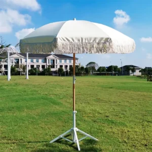 Outdoor Beach Umbrella, White Fringe Canopy, Wood Pole, Tassel