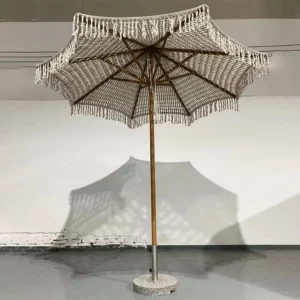 Outdoor Beach Umbrella with Rope Tassel Fringes, Wooden Pole, Cotton Fabric