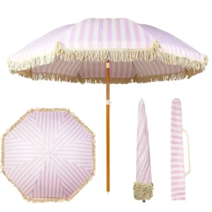 Outdoor Beach Umbrella with Tassel, Polyester Fabric, >3000mm Waterproof, for Patio Garden Poolside and Resort Decoration