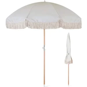 Outdoor Beach Umbrellas with Tassels Custom Wood Pole Beach Parasols Sunshade