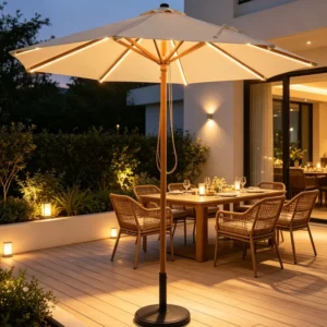 Outdoor Big Size Center Pillar Umbrella Modern Foldable with LED Light Patio Heavy Duty for Garden and Restaurant Use Marble Base