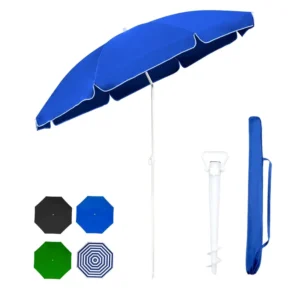 Outdoor Blue UPF 50+ Polyester Windproof Travel Beach Umbrella With Anchor