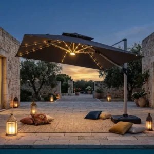 Outdoor Cantilever Umbrella with Solar LED Lights and Integrated Lighting for Backyard