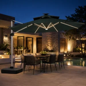 Outdoor Commercial UV Resistant Folding Square Patio LED Light Umbrella with Round Hotel Beach Parasol