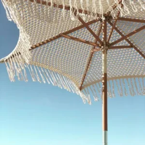 Outdoor Custom Cotton Wooden Tassel Parasol Beach Umbrella With Fringe 2.5M Cotton Rope