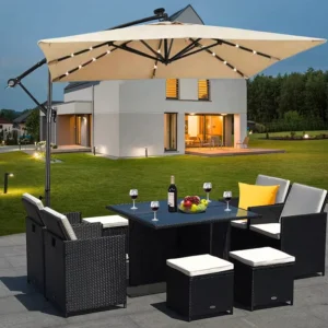 Outdoor Deluxe Square Shape Parasol Solar LED Light Patio Umbrella Big Size Garden Umbrella