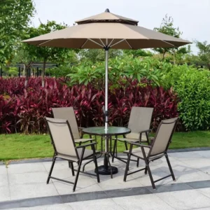 Outdoor Dining Table and Chair Set with Sun Umbrella for Cafe Patio