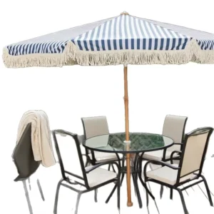 Outdoor Extra Large Beach Sun Protection Umbrella Iron Handle Polyester Panel 8 Ribs Tassel Design for Garden Camping