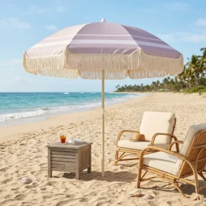 Outdoor Fabric Beach Umbrella with Fringe, Metal Pole, 0.9 m