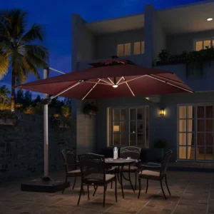 Outdoor Factory UV Resistant Folding Square Patio Solar LED Light Umbrella with Crank Round Hotel Beach Parasol