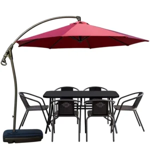 Outdoor Five-Piece Iron Table and Chair Set with Movable Umbrella for Garden Patio Balcony