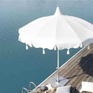 Outdoor Garden Poolside White Boho Patio Fringe Umbrella UV 50+ Parasol Large Pagoda Beach Parasol Umbrella with Tassels