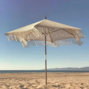 Outdoor Garden Scallop Beach Umbrella with Tassels Macrame Bohemian Wooden Fringe