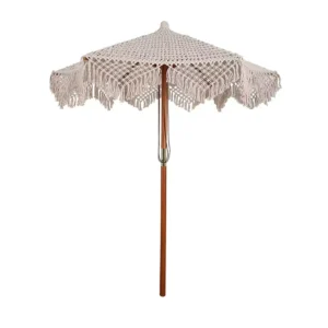 Outdoor Handmade Beige Yarn Macrame Beach Umbrella with Tassels