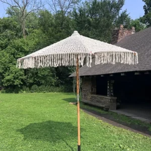 Outdoor Handmade Braided Cotton Rope Patio Umbrella with Lace and Tassels