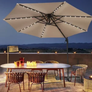 Outdoor Large Round Roman Umbrella with LED Beads Waterproof Poolside Parasol Foldable Cantilever Patio Umbrella
