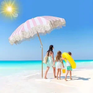Outdoor Macrame Beach Umbrella, Polyester Fabric, Cotton Tassel, UPF 50+ Protection