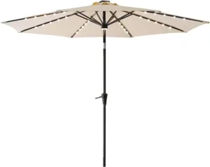 Outdoor Market Parasol with Built-in LED String Lights, Center-Pole Lamp, Windproof Metal Ribs, Poolside Patio Umbrella