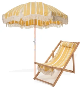 Outdoor Parasol Manufacturer Custom Beech Wooden Beach Umbrella with Chair Tassel Set
