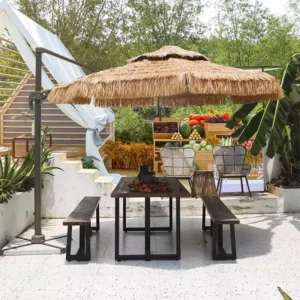 Outdoor Parasol Raffia Thatch Beach Umbrella with Thatch Roof, Straw and Tilt