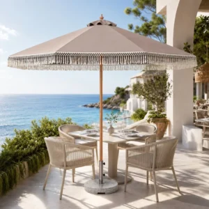 Outdoor Patio Macrame Beach Parasol with Aluminum Center Pole, Wood Grain Finish for Hotel and Garden Use