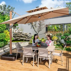 Outdoor Patio Parasol Wooden Aluminum Pole Hanging Cantilever Garden Solar LED Light Umbrella