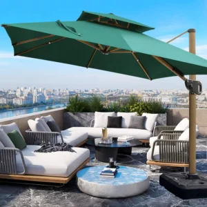 Outdoor Patio Umbrella with Sturdy Bases for Garden Restaurant and Beach Use, Ambulatory Patio Parasol with LED Lights