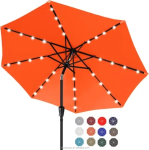 Outdoor Patio Umbrella with Tilt Sun Protection Solar LED Lights Waterproof for Hotel & Park Use Orange