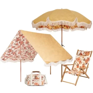Outdoor Picnic Beech Wood Beach Umbrella Chair Set 6.5ft 7ft Foldable with Tassels