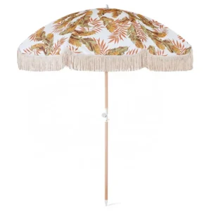 Outdoor Polyester Beach Umbrella for Sand with Wooden Pole, Cotton Tassel, UV Protection, Windproof, Portable