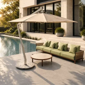 Outdoor Pool Aluminum Cantilever Parasol with UV-Resistant Canopy and 160kg Marble Base for Hotel Poolside, Villa, and Garden