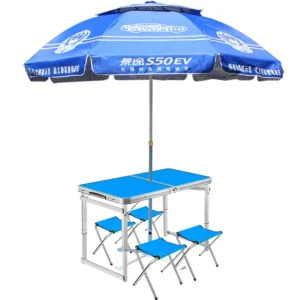 Outdoor Portable Folding Aluminium Picnic Table and Chair Set Manual Straight Umbrella for Garden BBQ Beach Camping