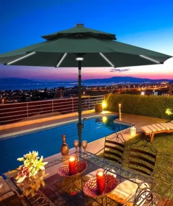 Outdoor Resort Sunshade Umbrella with White LED Light, Rotatable Circular Center Pole