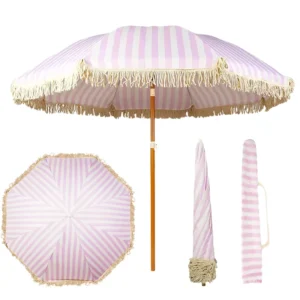 Outdoor Retro Windproof Metal Rotatable Garden Parasol Beach Umbrella with Tassel
