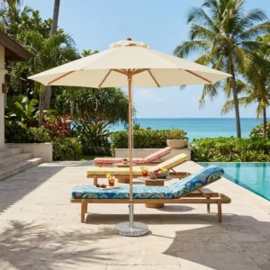 Outdoor Seaside Villa Swimming Pool Center Pole Umbrella with Wood Grain Finish and Wind-Resistant Design
