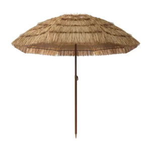 Outdoor Straw Raffia Parasol with Tilting Mechanism, Foldable Beach Umbrella