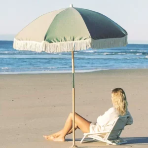 Outdoor Sun Shade Parasol with Fringe and Custom Wooden Pole