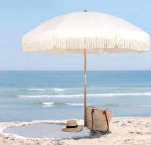 Outdoor Sun and Rain Beach Patio Umbrella with Oxford Canopy, Tassels, and Semi-Automatic Opening