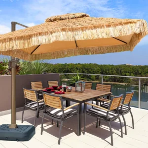 Outdoor Sunshade Parasol Faux Thatch Canopy Straw-Style Solar-Powered Wind-Resistant Gazebo for Villas