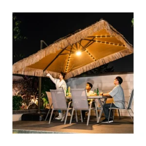 Outdoor Synthetic Thatch Roof Beach Umbrella with Solar LED Light