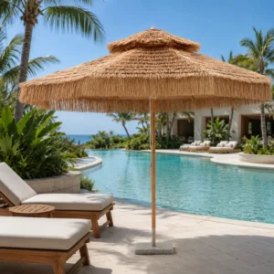 Outdoor Table Patio Umbrella with Push Button Tilt and Crank for Garden Backyard Pool Thatched Center Pole