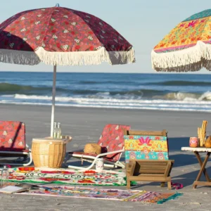 Outdoor Tassel Sun Shade Umbrella, Wooden Cotton Beach Umbrella with Fringe