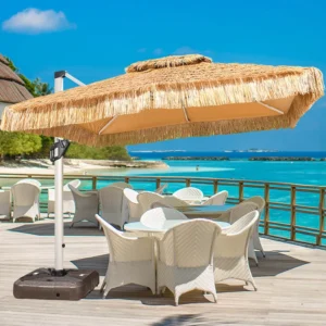 Outdoor Thatched Straw Garden Beach Parasol with Solar LED Light