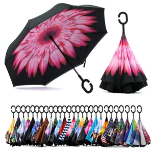 Outdoor Travel Camping Inverted Umbrella with C-Shaped Handle, Double Layer, Anti-UV, Waterproof, Windproof