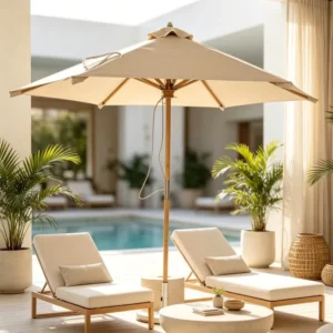 Outdoor UV Garden Umbrella Waterproof Foldable Sunshade with Wood Frame and Recycled Polyester