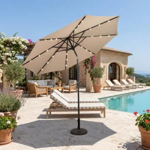 Outdoor Waterproof Garden Parasol with LED Solar Light Adjustable 3m Straight Umbrella for Hotels