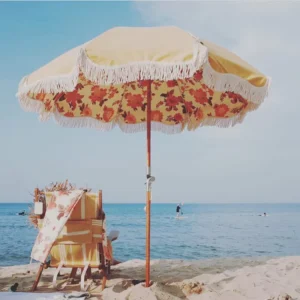 Outdoor Wooden Beach Umbrella, Waterproof Polyester Canvas Canopy, Cotton Fringe Tassels, for Park